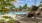 A poolside scene with sun loungers and a clear blue sky.