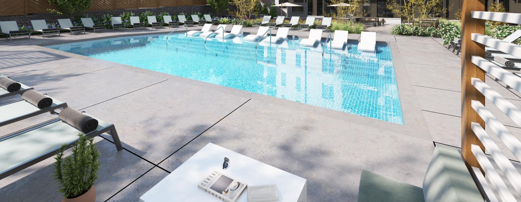 a swimming pool with a covered patio